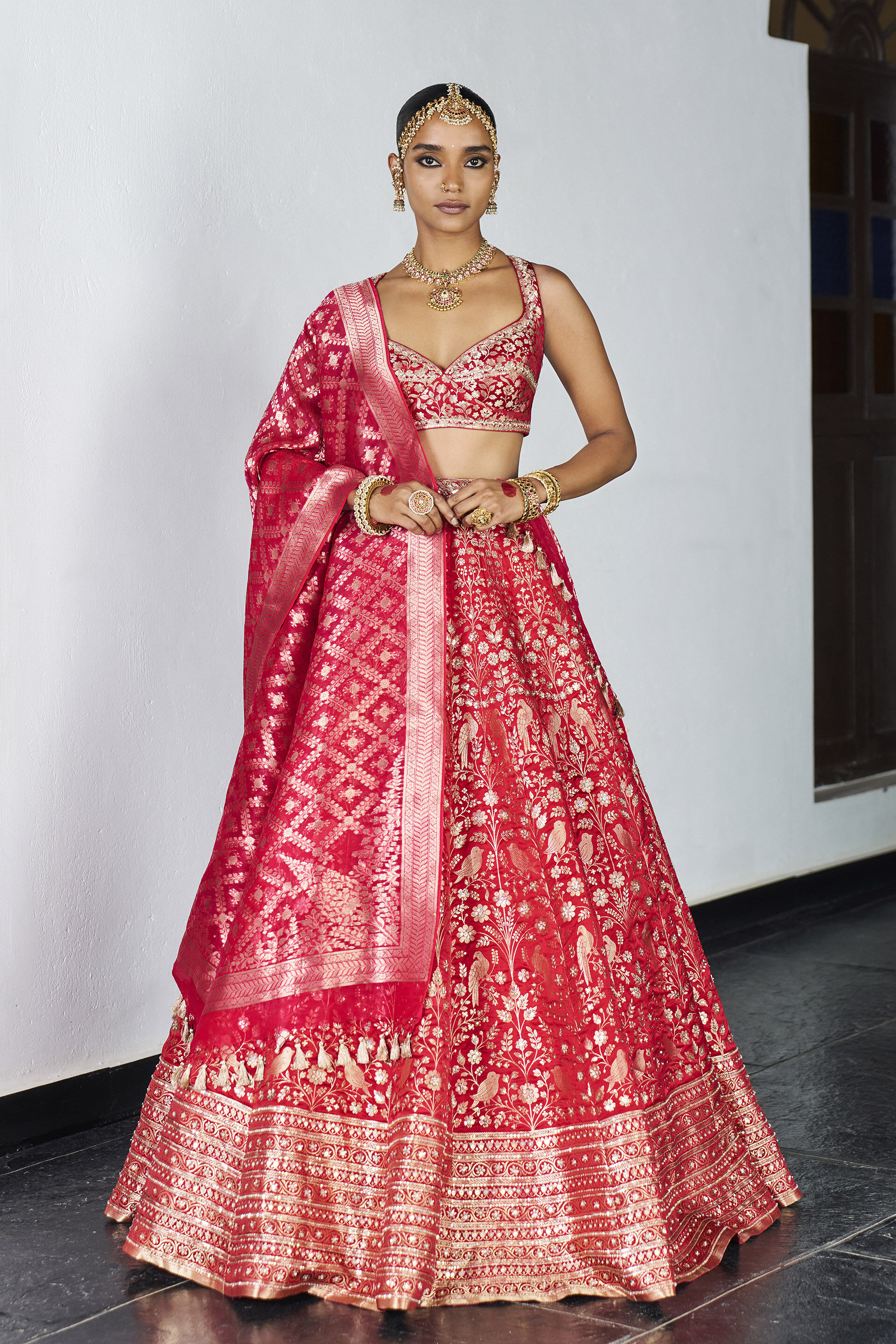 Ishtam Handwoven Benarasi Silk Lehenga Set - Red